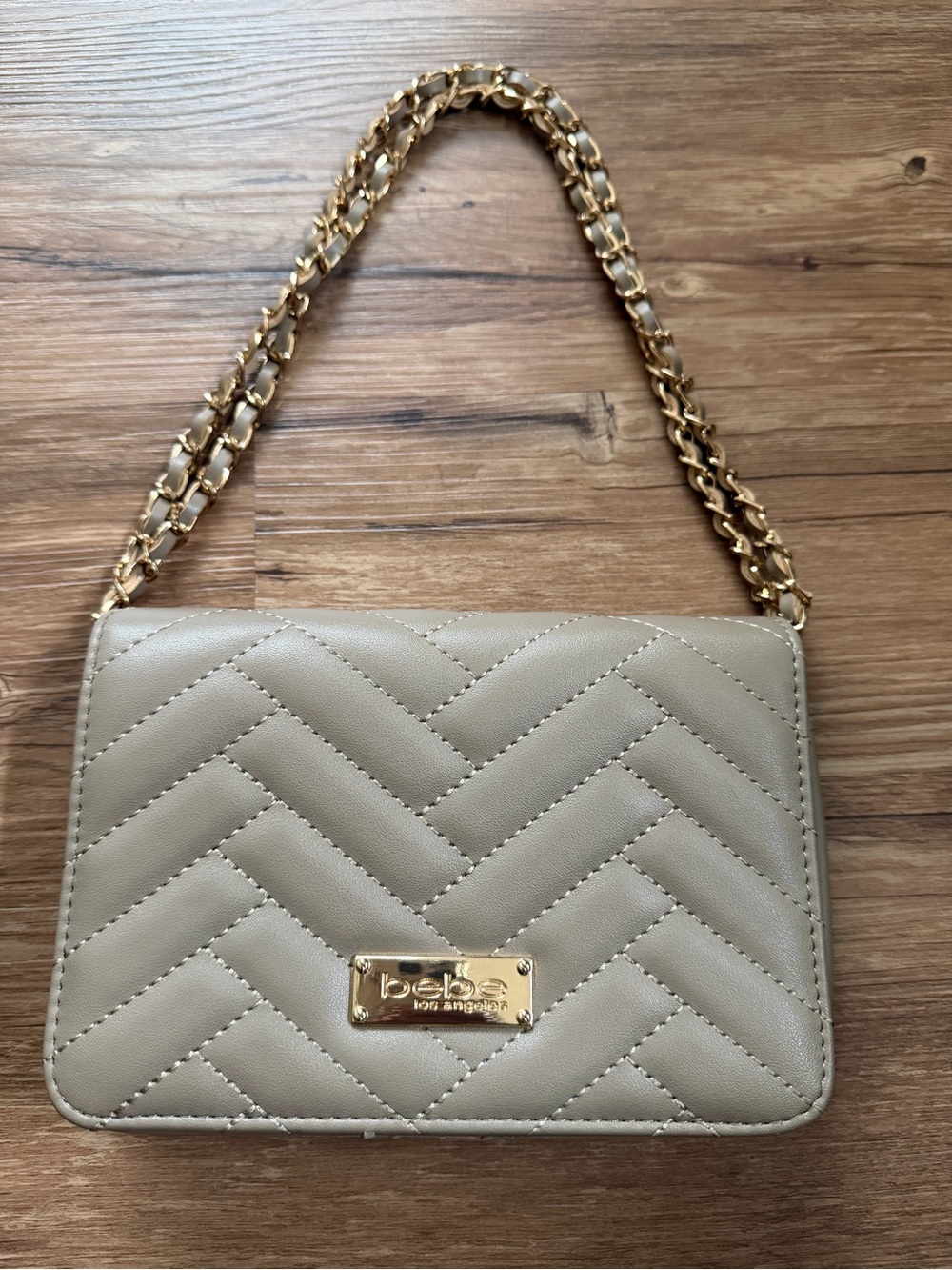bebe Quilted Crossbody Bag in Beige with Gold Chain